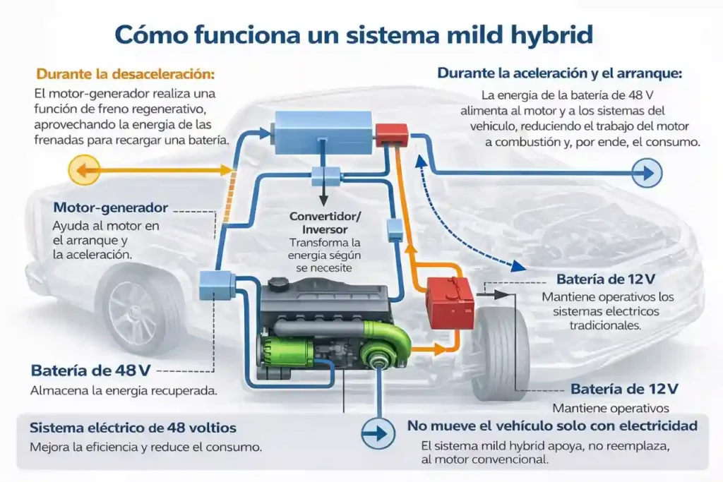 Esquema de funcionamiento de un sistema mild-hybrid de 48V