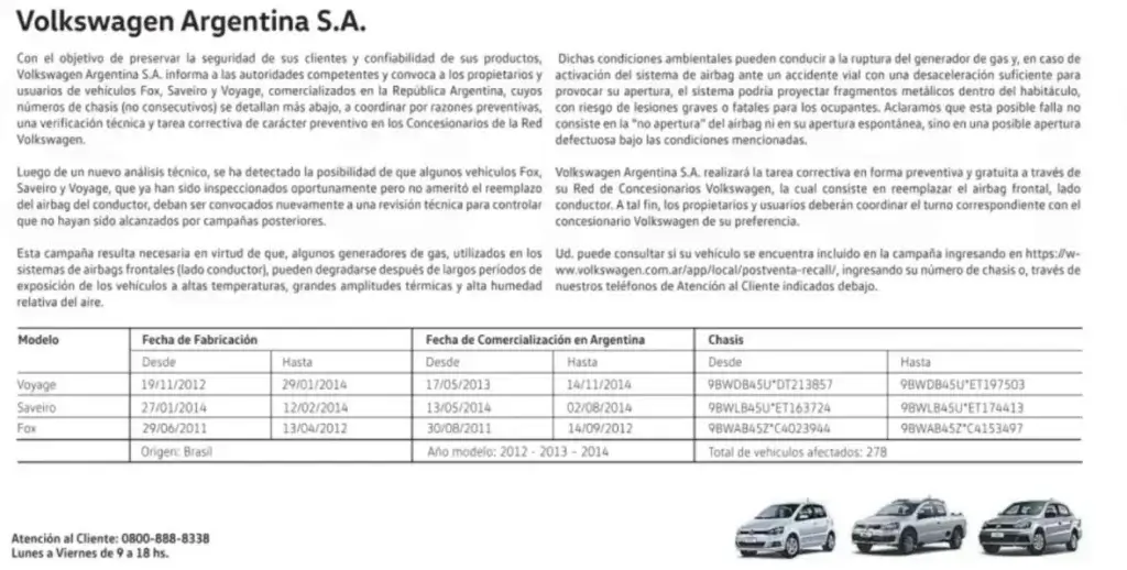 recall VW argentina airbags